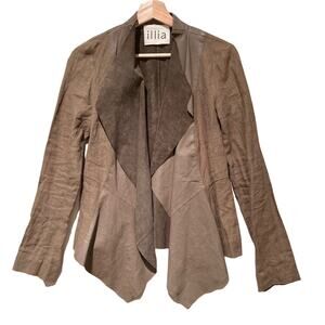 Illia Open Front Waterfall Collar Linen & Leather Jacket Dark Green Lagenlook